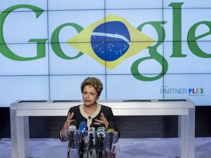 Dilma Rousseff discursa na sede do Google, em S&atilde;o Francisco, no &uacute;ltimo dia da viagem aos Estados Unidos.