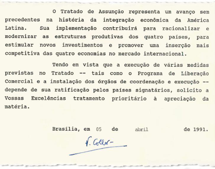 Mensagem em que o presidente Collor pede ao Congresso que ratifique o tratado do Mercosul.