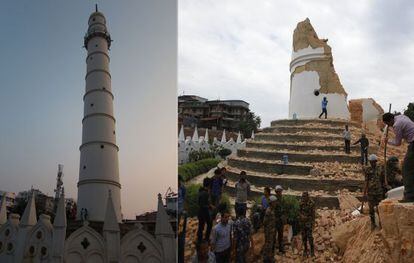 A torre Dharahara antes do terremoto, à esquerda, e depois, à direita.