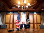 Bethesda (United States), 05/10/2020.- A handout photo released by the White House shows US President Donald J. Trump during a phone call with US Vice President Mike Pence, Secretary of State Mike Pompeo, and Chairman of the Joint Chiefs of Staff Gen. Mark Milley, from his conference room at Walter Reed National Military Medical Center in Bethesda, Maryland, USA, 04 October 2020. (Estados Unidos) EFE/EPA/THE WHITE HOUSE / TIA DUFOUR / HANDOUT EDITORIAL USE ONLY, NO SALES HANDOUT EDITORIAL USE ONLY/NO SALES