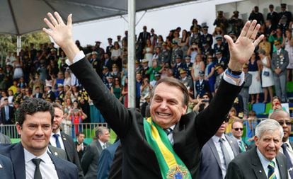 Sergio Moro, Jair Bolsonaro e General Heleno no desfile de 7 de setembro.