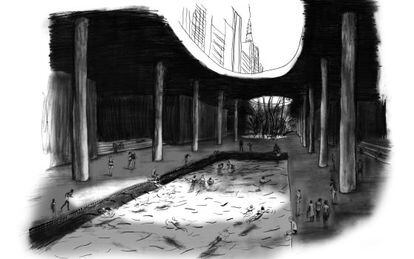 Uma ilustração do guia mostra uma piscina sob a Avenida Paulista.