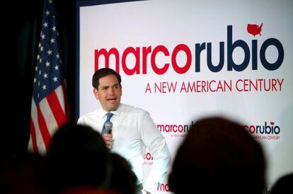 O senador Marco Rubio durante comício em Iowa.