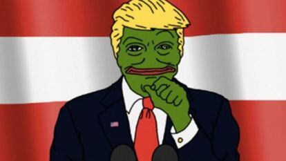 Um dos memes que relacionava a rana Pepe (símbolo da direita racista) com Donald Trump