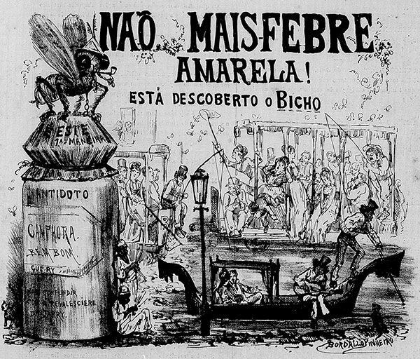 Charge sobre a febre amarela publicada em 1876: o mosquito só seria reconhecido como o transmissor da doença anos mais tarde.