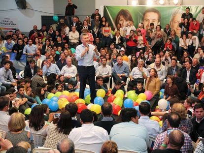 O presidente Mauricio Macri fala durante evento de campanha em Santa Rosa, capital da província de La Pampa.