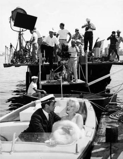 Tony Curtis e Marilyn Monroe, na rodagem em San Diego.