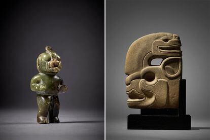 Una figura olmeca de piedra (izquierda) y una efigie maya en subasta en la casa Sotheby’s