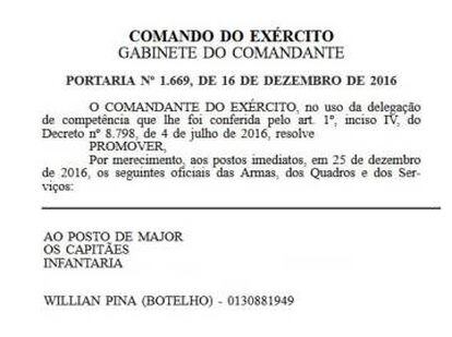 Trecho do Diário Oficial do dia 16.12.2016, com a promoção de Botelho.