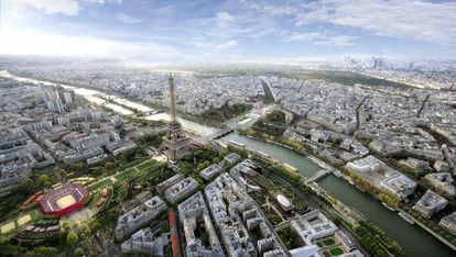 Simula&ccedil;&atilde;o com arena do v&ocirc;lei de praia ao lado da Torre Eiffel, parte da candidatura de Paris para os Jogos.