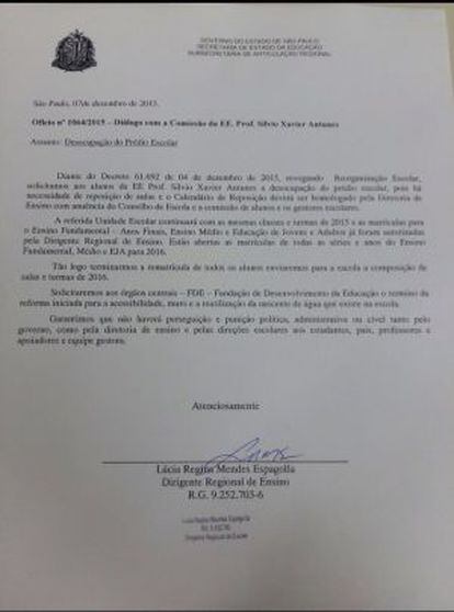 Carta de compromissos assinada pela dirigente de ensino foi condição para que a escola Sílvio Xavier fosse desocupada nesta semana.