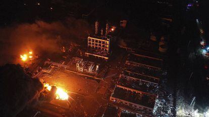 Imagem aérea da fábrica de produtos químicos, na província de Jiangsu.