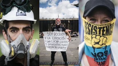 Manifestantes nas ruas de Bogotá, Colômbia, o 26 de maio.