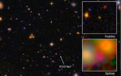 Galaxy EGS8p7, visto do Hubble e do Spitzer.