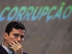 (FILES) In this file photo taken on November 23, 2018 Brazil's future Minister of Justice, Sergio Moro, gestures during a national forum on combating corruption in Rio de Janeiro, Brazil. - One of the biggest corruption investigations in history, Brazil's "Operation Car Wash," which felled presidents and powerful players across Latin America, wrapped up this week after falling into scandal itself. (Photo by Carl DE SOUZA / AFP)