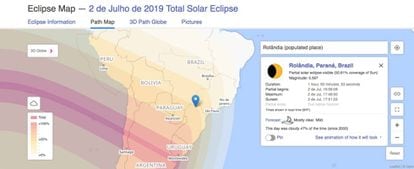 O site 'Time and Date' tem uma ferramenta que mostra o índice de visibilidade do eclipse desta terça em qualquer cidade do mundo. Em Rolândia, município do Paraná, metade do Sol ficará encoberto pela Lua.