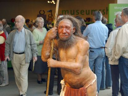Estátua de um homem de neandertal na porta de um museu.