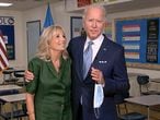 In this image from video, Jill Biden is joined by her husband, Democratic presidential candidate former Vice President Joe Biden, after speaking during the second night of the Democratic National Convention on Tuesday, Aug. 18, 2020. (Democratic National Convention via AP)
