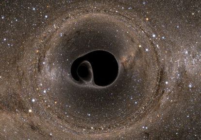 Representação da colisão de dois buracos negros