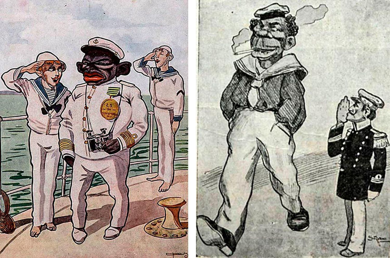 Charges de 1910 mostram que seria ridículo se negros comandassem brancos na Marinha; a imagem da direita retrata João Cândido como malandro