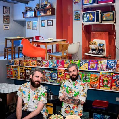 Alan e Gary, proprietários do Cereal Killer Café, em Londres, onde se pode comer café da manhã a qualquer hora do dia.
