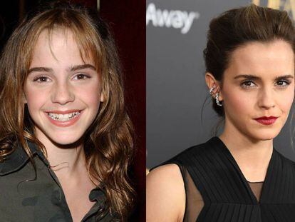 Emma Watson em novembro de 2002 e, à direita, o 14 de março de 2017.