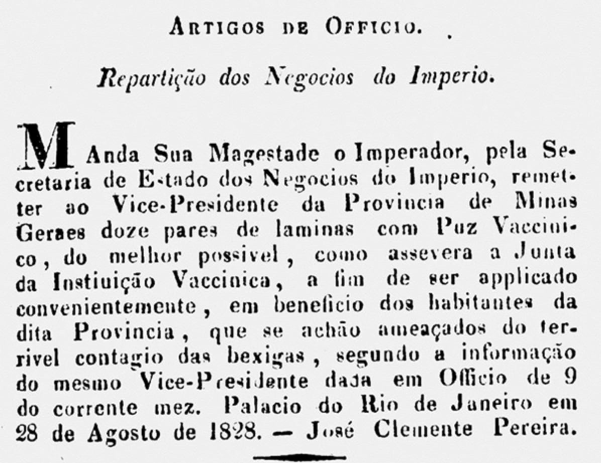 Ato do governo de 1828: varíola foi alvo de política pública desde o início do século 19.