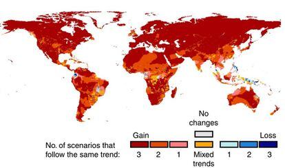 Expansão da área de patógenos em decorrência do aquecimento global. Em cores avermelhadas, as áreas que registrarão o maior incremento. 