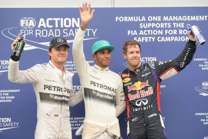 Rosberg, Hamilton e Vettel, depois da classificação.
