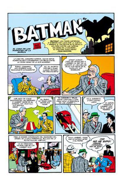Primeira página de Batman em quadrinhos, os desenhos que abrem o 'Detective comics nº 27'.