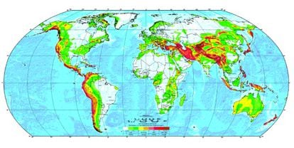 Em vermelho, as regiões com maior risco de terremotos.