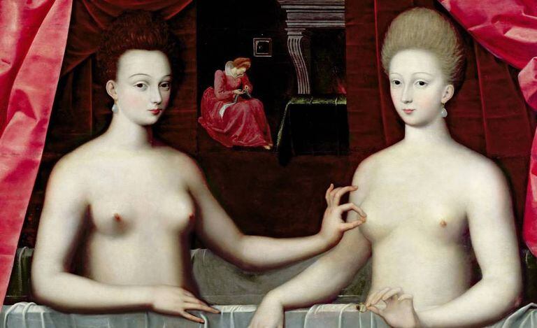 ‘Gabrielle d'Estrées e Sua Irmã' (Anônimo). Exemplo de erotismo da Segunda Escola de Fontainebleau, século XVI.