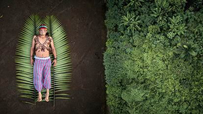 À esquerda, jovem indígena Nantu em seu território. À direira: a floresta primária que Nantu procura proteger por meio da não dependência de combustíveis fósseis.