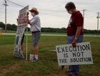 TERRE HAUTE, INDIANA, UNITED STATES - 2020/07/15: Glenda Breeden, Reverend Bill Breeden and Karen Burkhart stand outside the Terre Haute Federal Correctional Complex to protest before death row inmate Wesley Ira Purkey was scheduled to be executed by lethal injection.Purkey's execution scheduled for 7 p.m., was delayed by a judge. Purkey suffers from Dementia, and Alzheimer's disease.Wesley Ira Purkey was convicted of a gruesome 1998 kidnapping and killing. (Photo by Jeremy Hogan/SOPA Images/LightRocket via Getty Images)