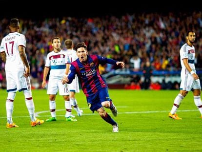 Messi festeja seu primeiro gol no Barcelona.