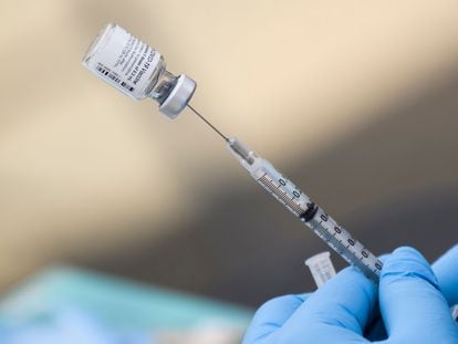 Um frasco da vacina da Pfizer contra a covid-19 em um laboratório de Los Angeles, Califórnia.