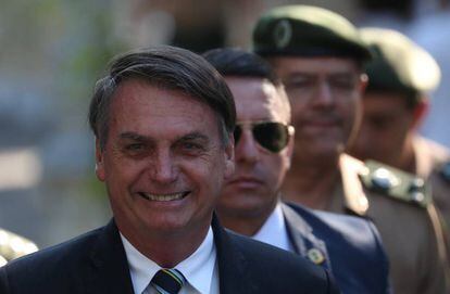 O presidente Jair Bolsonaro nesta segunda-feira no Rio do Janeiro, no aniversário de uma escola militar.