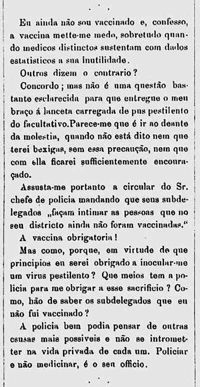 Artigo publicado na Revista Ilustrada em 1881 contra a vacinação obrigatória.