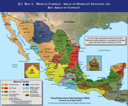 Mapa do narcotráfico no México.