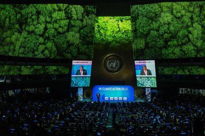 O secretário-geral da ONU, António Guterres, discursa na abertura da cúpula do clima na ONU, em Nova York.