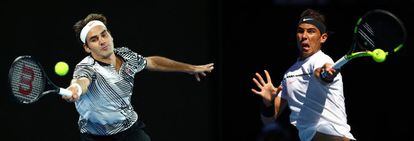 Federer e Nadal, em partidas diferentes no Aberto da Austrália deste ano.