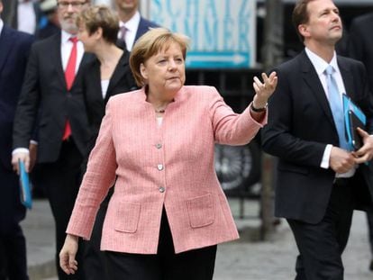 O chanceler alemã, Angela Merkel, nesta quinta-feira em Aquisgrán.