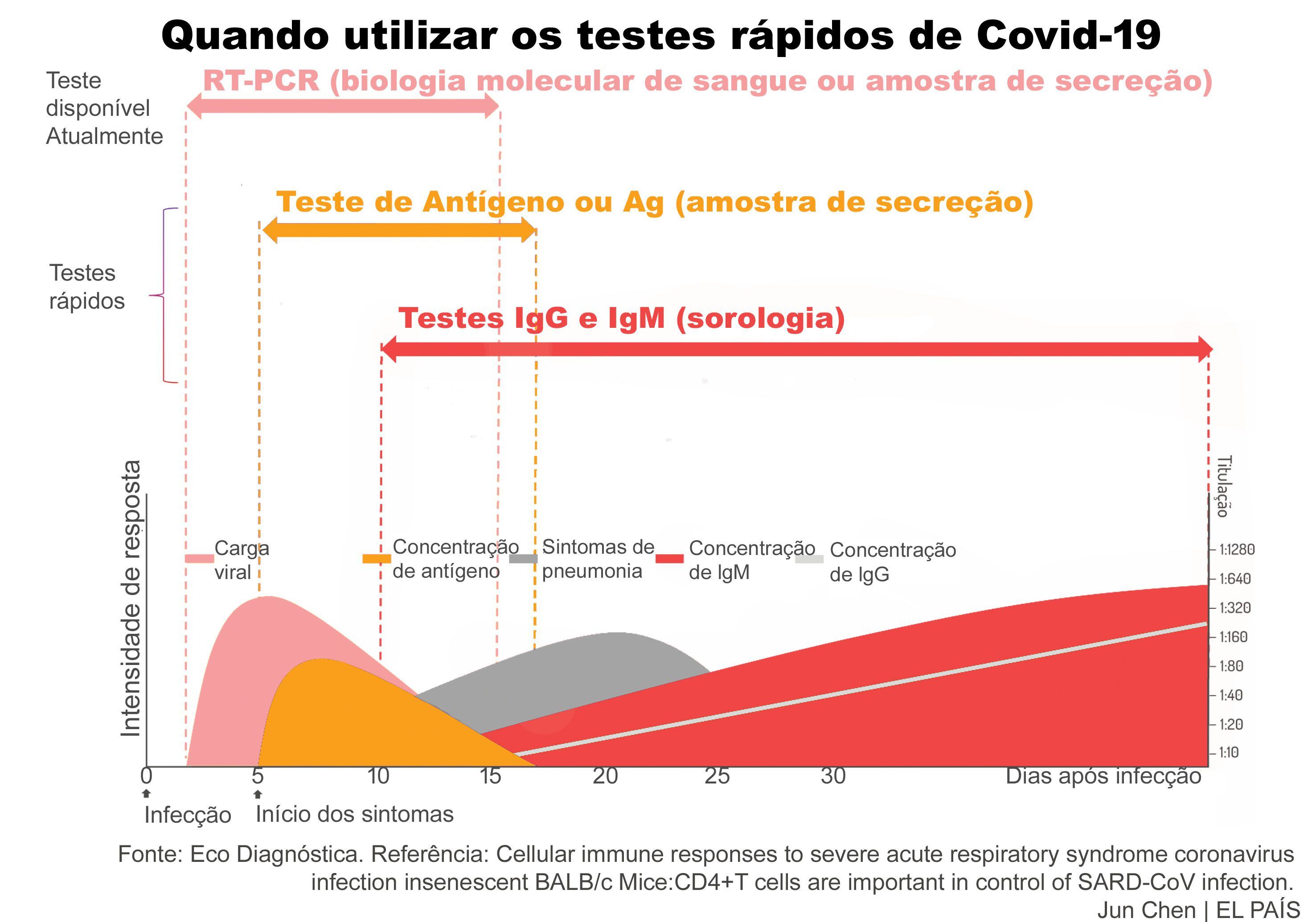 Ilustração mostra como cada tipo de teste funciona em momentos diferentes da infecção pela Covid-19. Caso sejam feitos em um período errado, há chances de que o resultado seja impreciso