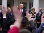 President Donald Trump takes questions during a news conference about the coronavirus in the Rose Garden of the White House, Friday, March 13, 2020, in Washington. (AP Photo/Evan Vucci)