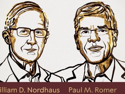 Os novos ganhadores do Nobel de Economia, em uma ilustração de Niklas Elmehed, divulgada pela Academia Sueca.