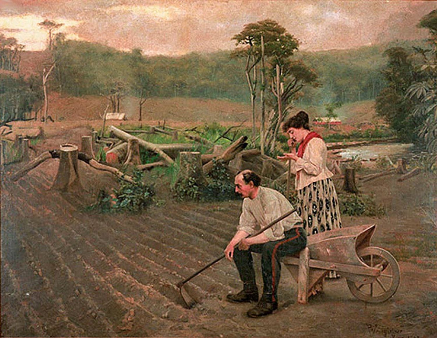 Pintura de Pedro Weingärtner mostra alemães no Sul do Brasil em 1889: latifundiários não queriam que imigrantes europeus tivessem livre acesso à terra.