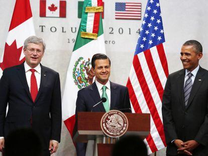 Obama, Peña Nieto y Harper, na cimeira de Toluca (méxico) nesta quarta-feira.