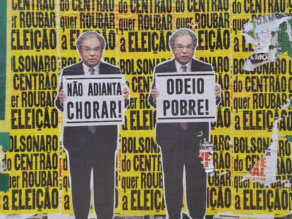 Lambe-lambes com imagens do ministro Paulo Guedes espalhados pela avenida Faria Lima, na zona oeste de São Paulo, coração do centro financeiro brasileiro, neste domingo.