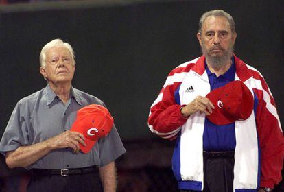 O presidente norte-americano Jimmy Carter (esquerda) e Fidel Castro.