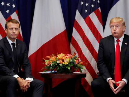 Donald Trump e Emmanuel Macron, nesta segunda-feira, em Nova York.